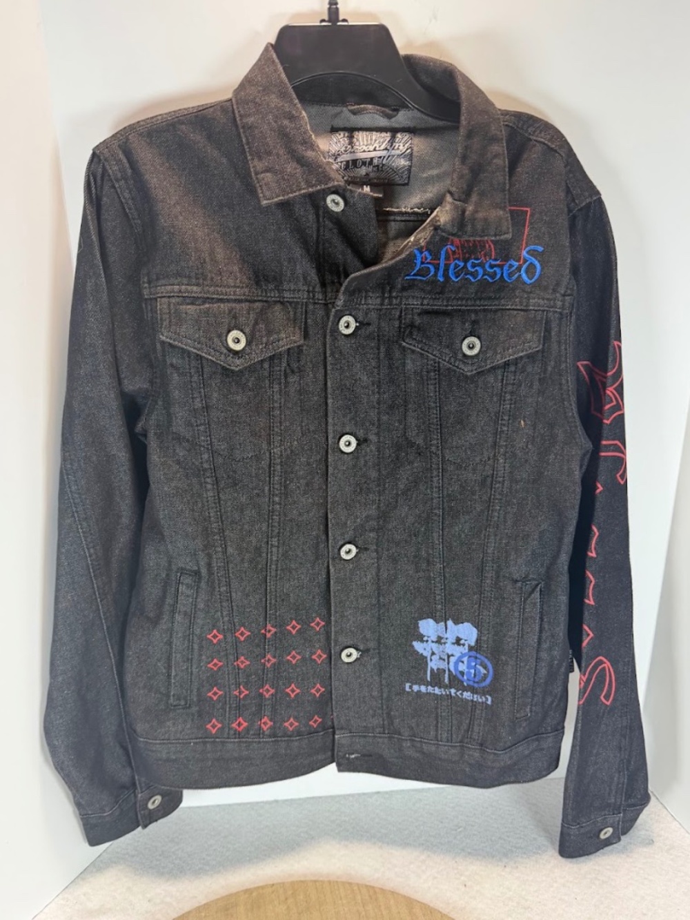 Brooklyn Cloth Men’s M Black Denim Jacket Blessed Japanese Graphic Embroidered